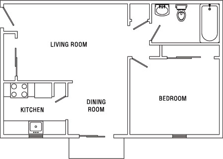 diagram of a one bedroom apartment at Surrey Gardens Apartments